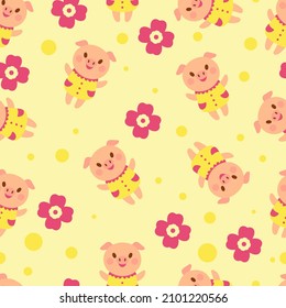 Seamless vector  pattern with cute pig character. Cute vector illustration for kids. Perfect print for fabric, textile, wallpaper, poster, postcard and gift wrapping. Pastel colors