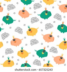 Seamless vector pattern. Cute pig and the words "Hello Friends!".