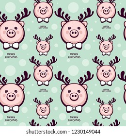 Seamless vector pattern with cute piggy with deer horns. Funny cartoon character. Chinese new year 2019 symbol. Template for wrapping paper, fabric and holiday decoration.