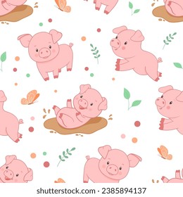 Seamless vector pattern with cute piggy playing in puddle. Funny farm animal little jumping piglet for textiles or fabric for newborns and nursery.