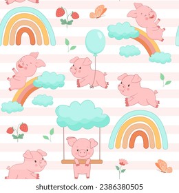 Seamless vector pattern with cute piggy jumping rainbow. Funny farm animal little piglet for textiles or fabric for newborns and nursery.