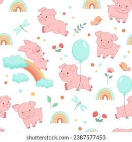 Seamless vector pattern with cute piggy on rainbow and flying with balloon. Funny farm animal little piglet for textiles or fabric for newborns and nursery.