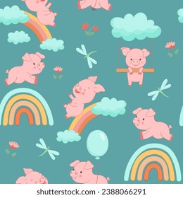 Seamless vector pattern with cute piggy on rainbow and flying with balloon on blue background. Funny farm animal little piglet for textiles or fabric for newborns and nursery.