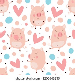 Seamless vector pattern with cute piglets. Great for children's textiles, various surfaces, wallpaper.