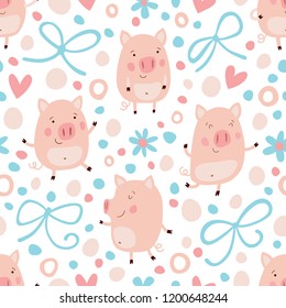 Seamless vector pattern with cute piglets. Great for children's textiles, various surfaces, wallpaper.