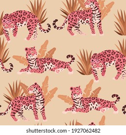 Seamless vector pattern with cute pink jaguar