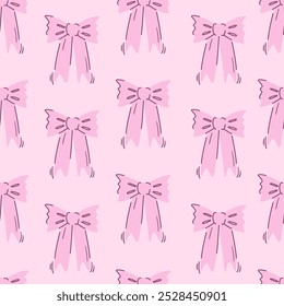 Seamless vector pattern with cute pink bows. Coquette and balletcore girly background. Hand drawn silk ribbon accessory. Vintage fashion texture for wallpaper, wrapping paper, textile