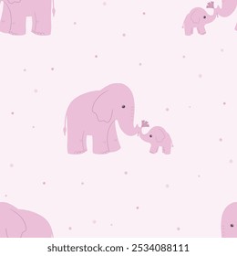 Seamless vector pattern with cute pink elephant family mama and baby, scrapbook, newborn decor