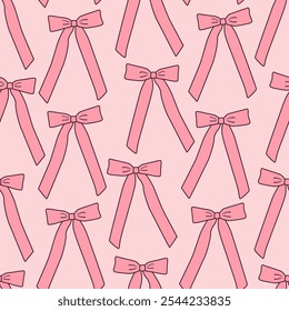 Seamless vector pattern with cute pink bows. Coquette girly ribbons on pink background. Hand drawn silk tape accessory. Vintage fashion texture for wallpaper, wrapping paper, textile design