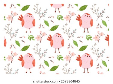 Seamless vector pattern with cute pink bird and branches in flat style. Cute vector texture for bedding, fabric, wallpaper, wrapping paper, textile, t-shirt printing