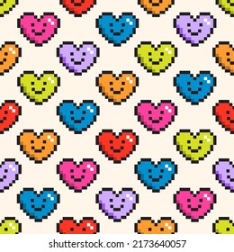 Seamless vector pattern with cute pixel art heart. Background with geek love symbol in the style of 90s game. Oldschool graphic texture