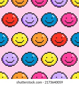 Seamless vector pattern with cute pixel smiling faces. Background with colorful geek emojis in the style of 90s game. Oldschool graphic texture