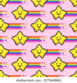 Seamless vector pattern with cute pixel art flying star with rainbow. Background with geek element in the style of 90s game. Oldschool graphic texture