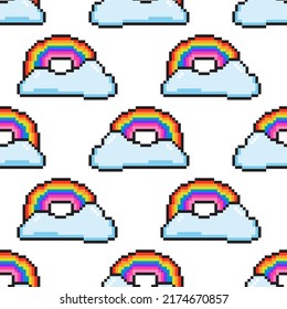 Seamless vector pattern with cute pixel rainbow and cloud. Background with colorful geek element in the style of 90s game. Oldschool graphic texture