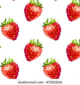 seamless vector pattern with cute pixel-art 8bit red strawberries geek design on white transparent background