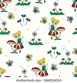 Seamless vector pattern with cute pixies on white background. Simple cartoon fantasy forest wallpaper design. Fairy magic fashion textile for children.