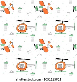 Seamless vector pattern with cute planes and helicopters  for typography poster, card, label, brochure, flyer, page, banner design. Vector illustration background