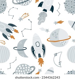 Seamless vector pattern with cute planets, stars, constellations, rockets, spaceships. Space. Saturn, Moon.  Creative kids texture for fabric, wrapping, textile, wallpaper. Hand drawn space elements.