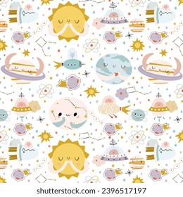 Seamless vector pattern with cute planets, stars, constellations, rockets, spaceships. Space. Saturn, Moon. Creative kids texture for fabric, wrapping, textile, wallpaper. Hand drawn space elements.