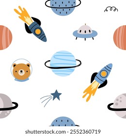 Seamless vector pattern with cute planets, stars, bear pilot, ufo, constellations, rockets, space, saturn. Creative kids texture for fabric, prints, wallpaper, decorations, textiles.