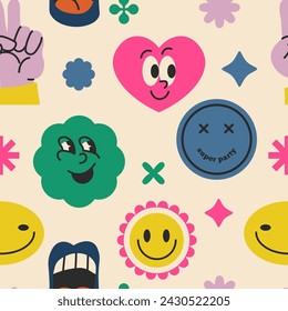 A seamless vector pattern with cute and playful icons on a light background, in a charming and whimsical style.