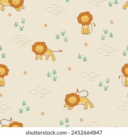Seamless vector pattern with Cute Playful lion in African savanna, gender neutral, for kids