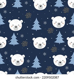 Seamless Vector Pattern with Cute Polar Bear, forest elements and hand drawn shapes. Childish Cartoon Animals Background. design for fabric, wrapping, textile, wallpaper, apparel and all your creative