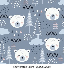 Seamless Vector Pattern with Cute Polar Bear, forest elements and hand drawn shapes. Childish Cartoon Animals Background. design for fabric, wrapping, textile, wallpaper, apparel and all your creative