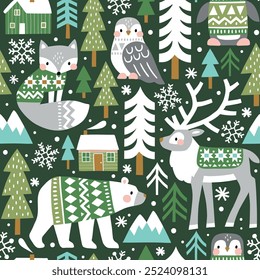 Seamless vector pattern with cute polar animals. Reindeer, fox, owl, bear and penguin. Nordic forest illustration. EPS 10 vector file. Perfect for textile, wallpaper or nursery print design.