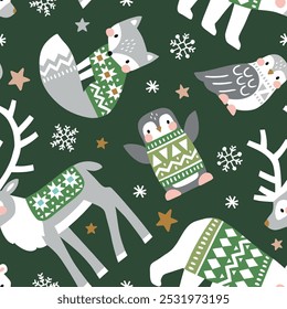 Seamless vector pattern with cute polar animals. Reindeer, fox, owl, bear and penguin. Nordic forest illustration. EPS 10 vector file. Perfect for textile, wallpaper or nursery print design.