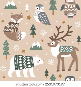 Seamless vector pattern with cute polar animals. Reindeer, fox, owl, bear and penguin. Nordic forest illustration. EPS 10 vector file. Perfect for textile, wallpaper or nursery print design.