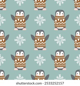 Seamless vector pattern with cute polar penguin in winter clothes. Hand drawn Nordic background. EPS 10 vector file. Perfect for textile, wallpaper or nursery print design.