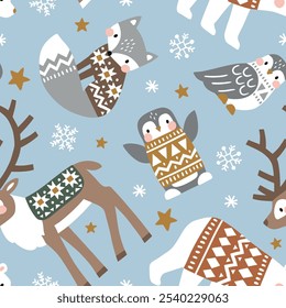 Seamless vector pattern with cute polar animals. Reindeer, fox, owl, bear and penguin. Nordic forest illustration. EPS 10 vector file. Perfect for textile, wallpaper or nursery print design.