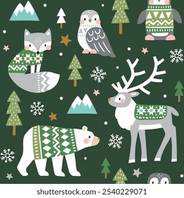 Seamless vector pattern with cute polar animals. Reindeer, fox, owl, bear and penguin. Nordic forest illustration. EPS 10 vector file. Perfect for textile, wallpaper or nursery print design.