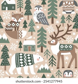 Seamless vector pattern with cute polar animals. Reindeer, fox, owl, bear and penguin. Nordic forest illustration. EPS 10 vector file. Perfect for textile, wallpaper or nursery print design.