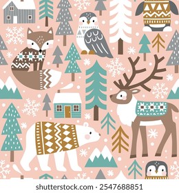 Seamless vector pattern with cute polar animals. Reindeer, fox, owl, bear and penguin. Nordic forest illustration. EPS 10 vector file. Perfect for textile, wallpaper or nursery print design.