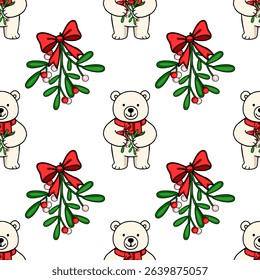 Seamless vector pattern of cute polar bears holding mistletoe sprigs with red bows, perfect for festive Christmas designs and winter holiday projects.