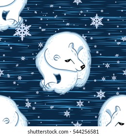 Seamless vector pattern. Cute polar bears pattern on the blue snowy background.