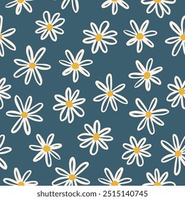 Seamless vector pattern with cute primitive white and yellow daisy flowers on navy blue