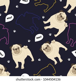 Seamless vector pattern with cute pugs and their silhouettes.
