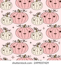 Seamless vector pattern with cute pumpkins. Pink halloween and thanksgiving smiling characters on background. Autumn season texture in pastel color for wallpaper, wrapping paper, textile