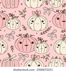 Seamless vector pattern with cute pumpkins, coquette bows and leaves. Pink halloween and thanksgiving smiling characters on background. Autumn season texture in pastel colors