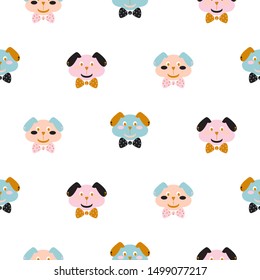 Seamless vector pattern with cute puppies on white background.