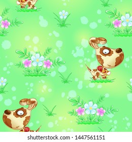 Seamless vector pattern with cute puppy and flowers on green background. Cartoon hand-sketching character and decorative watercolor stains.