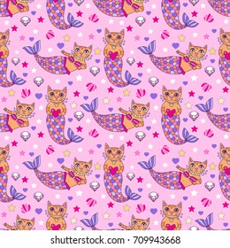 Seamless vector pattern with cute purrmaids - half cats half mermaids. Lovely design for fabric, wrapping paper, backgrounds for kids.