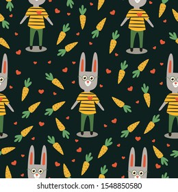 seamless vector pattern with cute rabbit, carrots and hearts. can be used as background, print, wallpaper, packaging paper design, textiles, postcards, clothing, notebooks, notepads and other things.