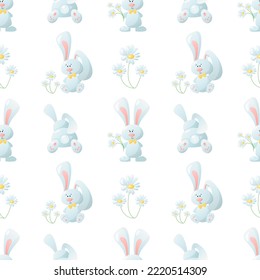 Seamless vector pattern. Cute rabbit with chamomile. Bunny cartoon style 