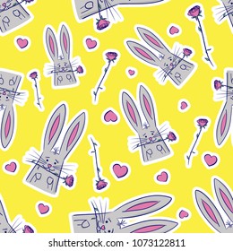 Seamless vector pattern of cute rabbits with roses and hearts. Perfect for kid's card, banners, stickers and other.