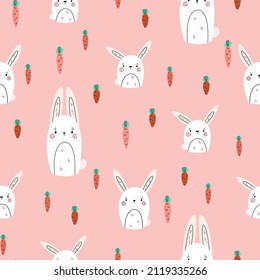 Seamless vector pattern with cute rabbits and carrots. Sweet hand drawn texture. Whimsical background for kids room decor, nursery art, card, gift, fabric, textile, wrapping paper, wallpaper, package.
