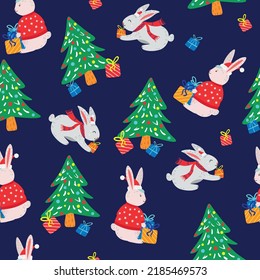 Сhristmas seamless vector pattern with cute rabbits with gifts and christmas tree on dark blue background